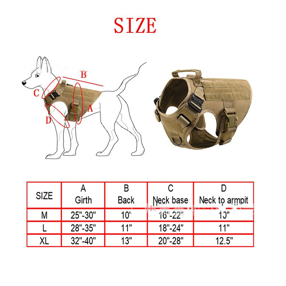 Dog harness measurement chart with a tan harness on a white background