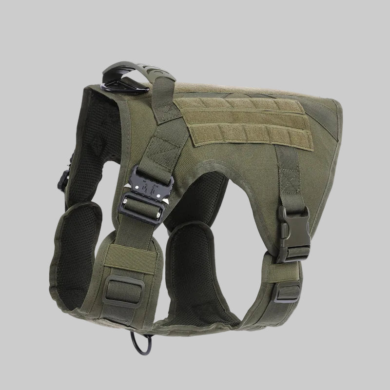 Green tactical dog harness on a white background
