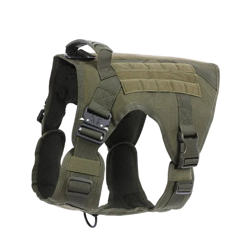 Green tactical dog harness on a white background