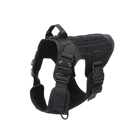 Black tactical dog harness on a white background